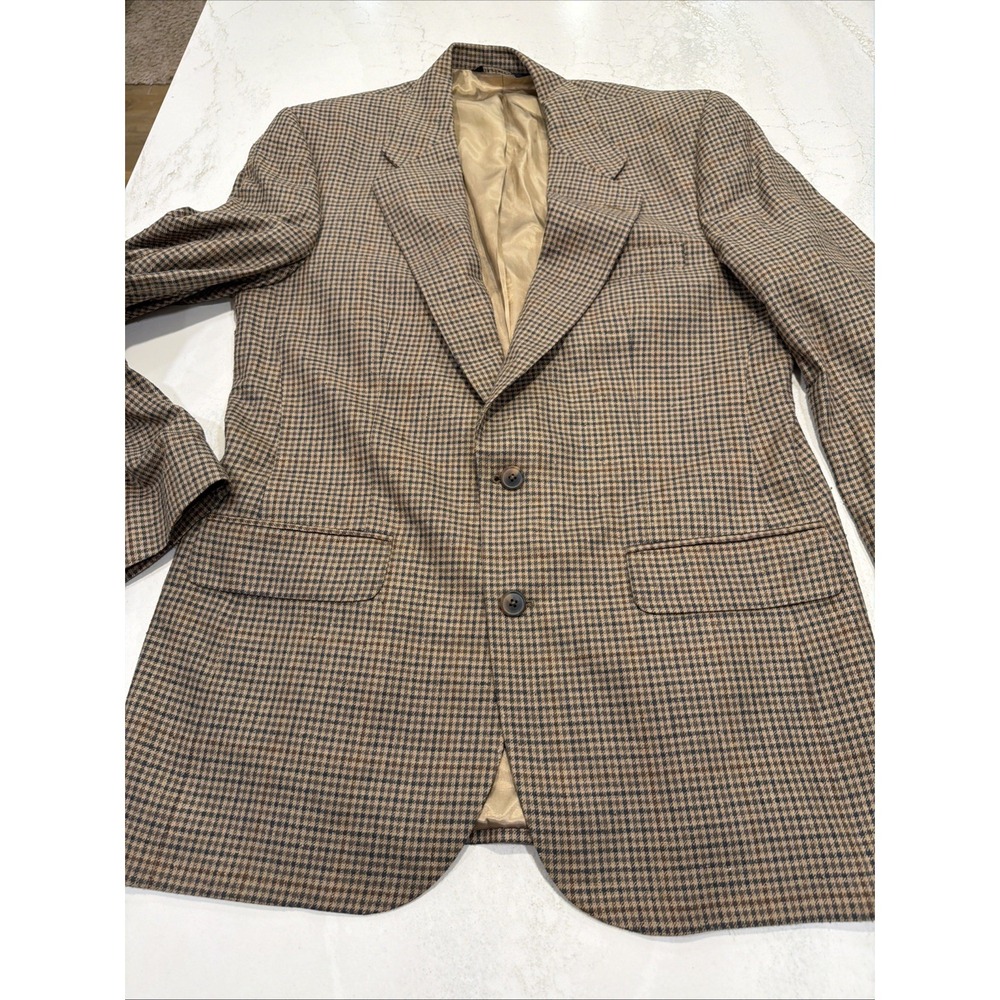 VINTAGE Burberry British Houndstooth 80-90s Cut Blazer Sport Coat Tan/green